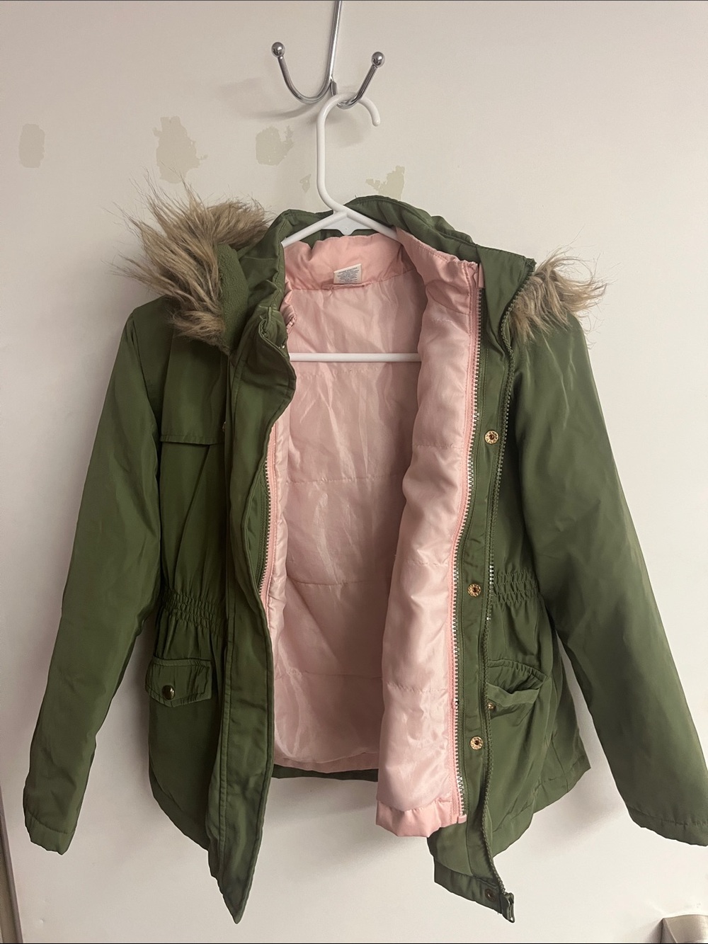 Girls Olive Green Parka Jacket with Pink Lining Zip-In Lining and Faux Fur Trim